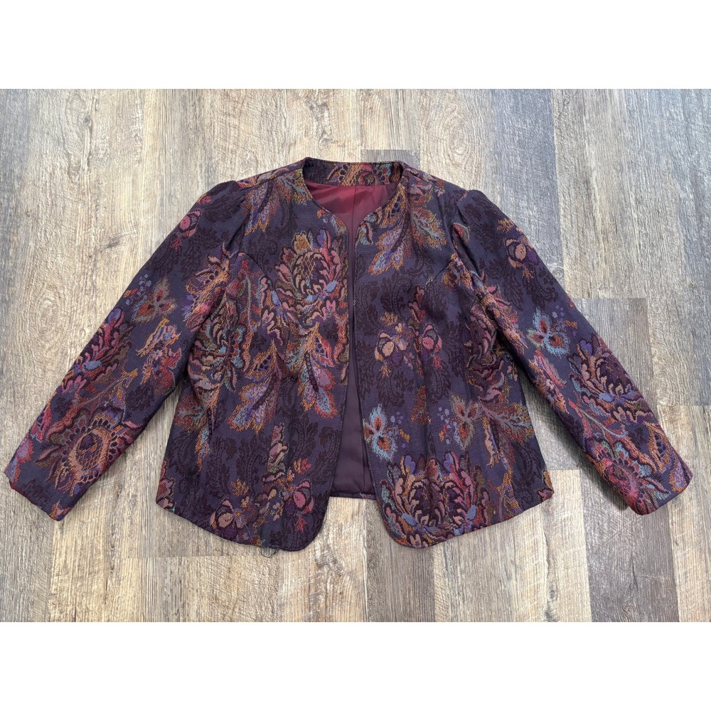 Vintage Floral Tapestry Jacket Purple Woven Jacquard Open Front Blazer L